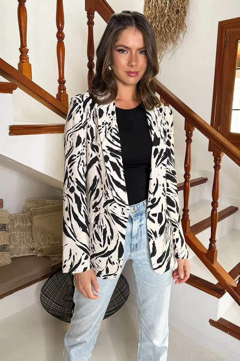 Cream And Black Brush Stroke Print Shawl Collar Open Front Blazer sold by AX Paris product image thumbnail 2