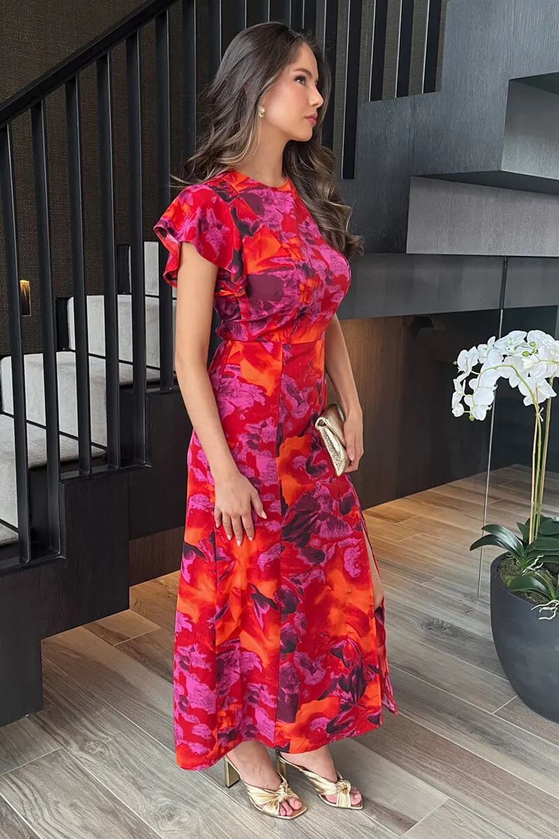 Orange And Purple Abstract Print Flutter Sleeve Midi Dress sold by AX Paris product image thumbnail 4