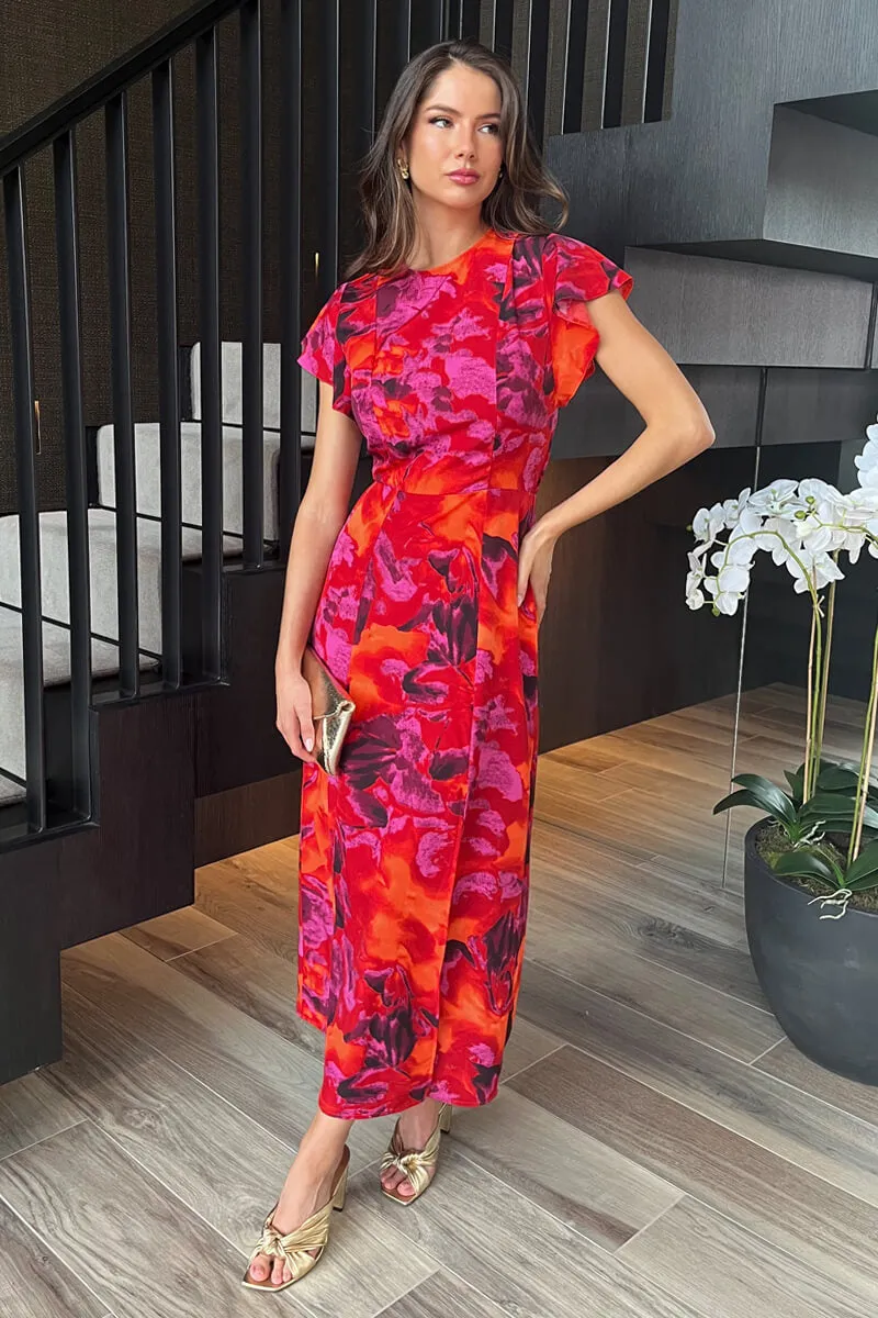 Orange And Purple Abstract Print Flutter Sleeve Midi Dress sold by AX Paris product image thumbnail 3