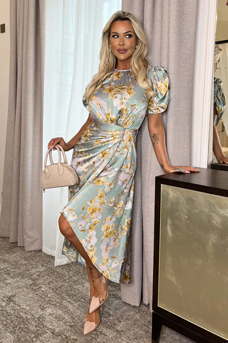 Duck Egg Floral Print Puff Sleeve Gathered Side Midi Dress sold by AX Paris product image thumbnail 3