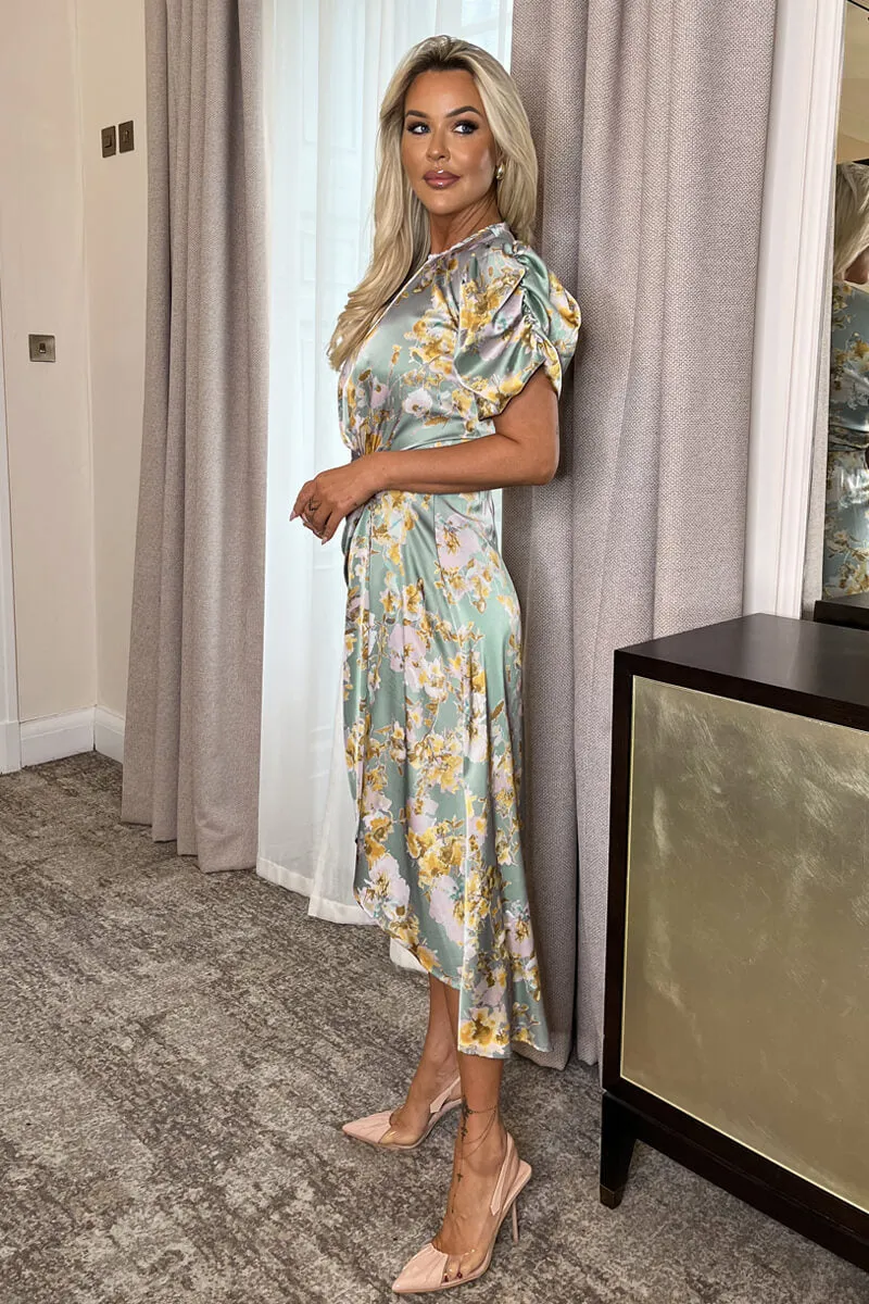 Duck Egg Floral Print Puff Sleeve Gathered Side Midi Dress sold by AX Paris product image thumbnail 4