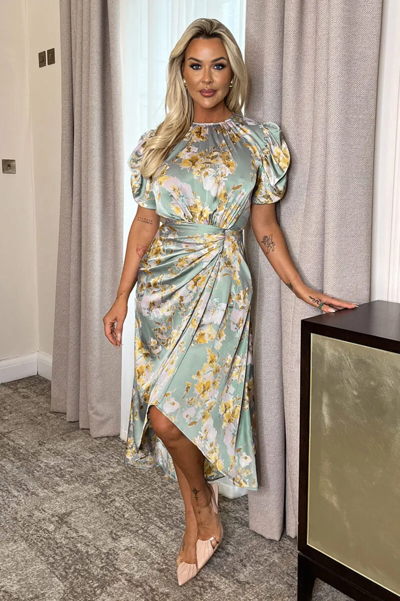Duck Egg Floral Print Puff Sleeve Gathered Side Midi Dress sold by AX Paris