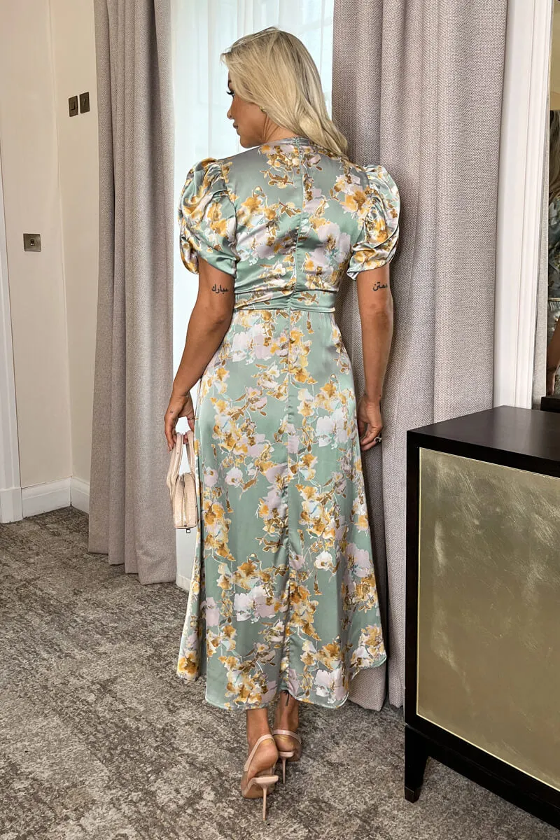 Duck Egg Floral Print Puff Sleeve Gathered Side Midi Dress sold by AX Paris product image thumbnail 5