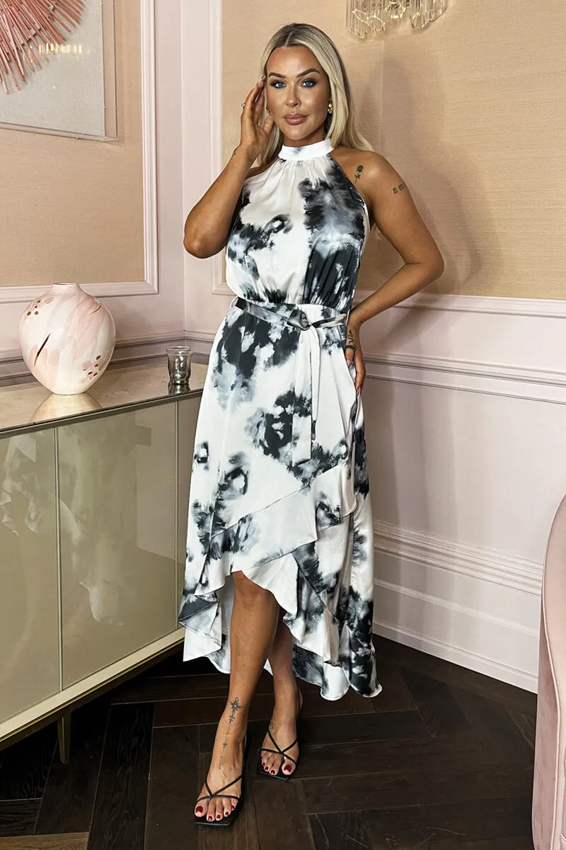 Black And White Marble Print Halter Neck Tie Waist Frill Hem Midi Dress sold by AX Paris
