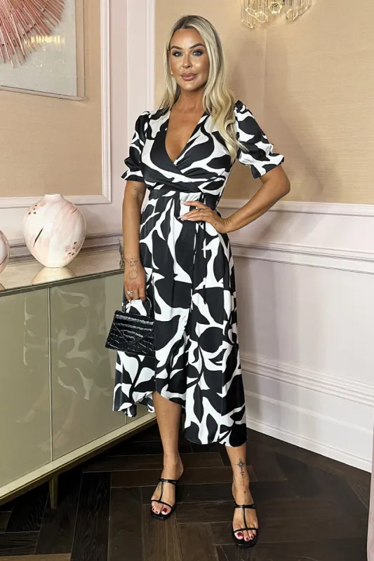 Black And White Leaf Print Puff Sleeve Wrap Midi Dress sold by AX Paris