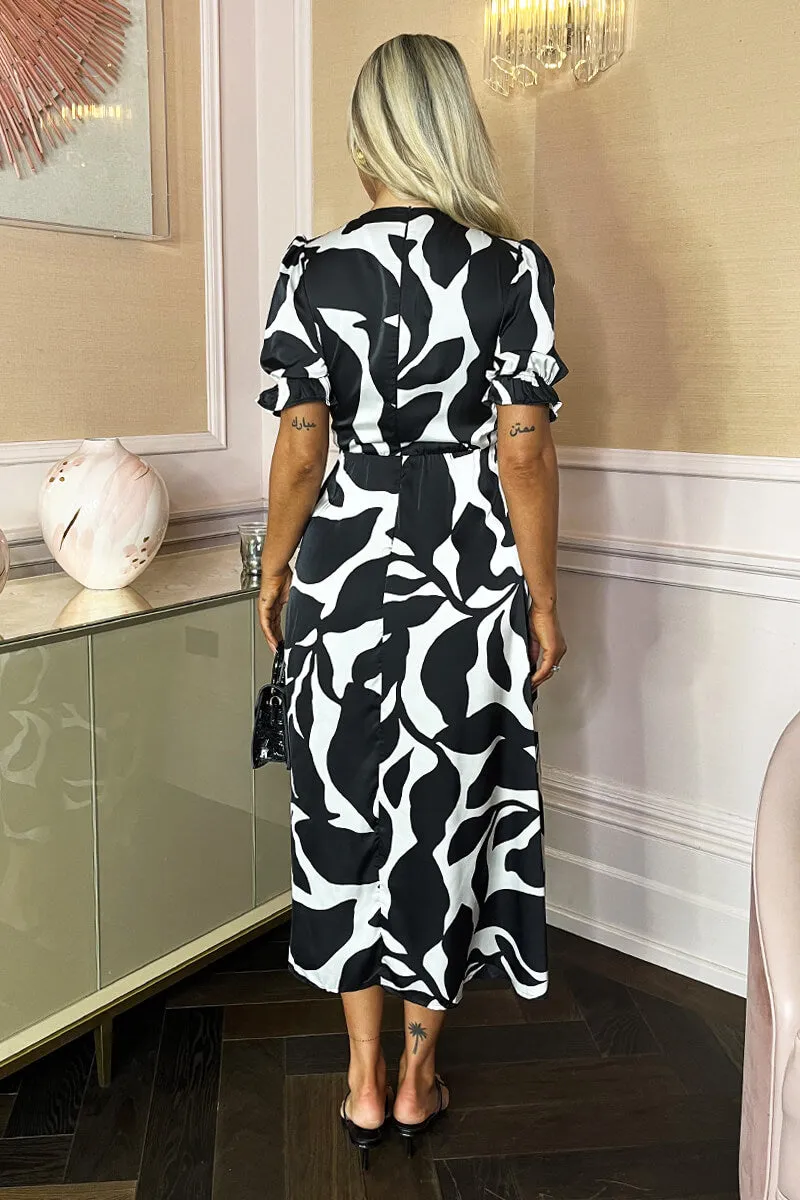 Black And White Leaf Print Puff Sleeve Wrap Midi Dress sold by AX Paris product image thumbnail 5