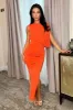 Burnt Orange Sleeveless Draped Top Ruched Skirt Midi Dress sold by AX Paris