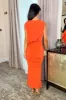 Burnt Orange Sleeveless Draped Top Ruched Skirt Midi Dress sold by AX Paris