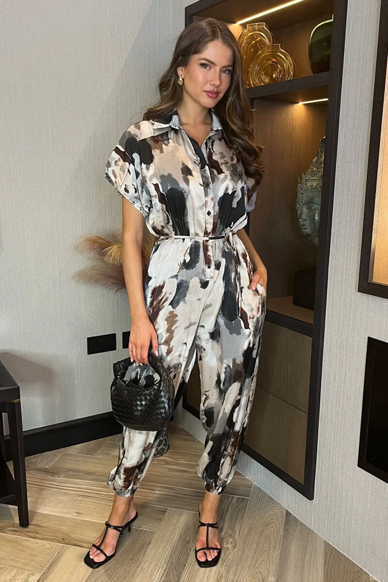 Multi Smudge Print Button Front Collared Tie Waist Jumpsuit sold by AX Paris