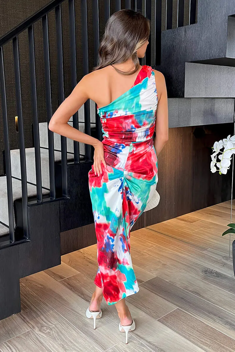 Multi Tie Dye Printed One Shoulder Knot Skirt Midi Dress sold by AX Paris product image thumbnail 3