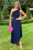 Navy One Shoulder Cut Out Pleated Midi Dress sold by AX Paris