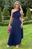 Navy One Shoulder Cut Out Pleated Midi Dress sold by AX Paris