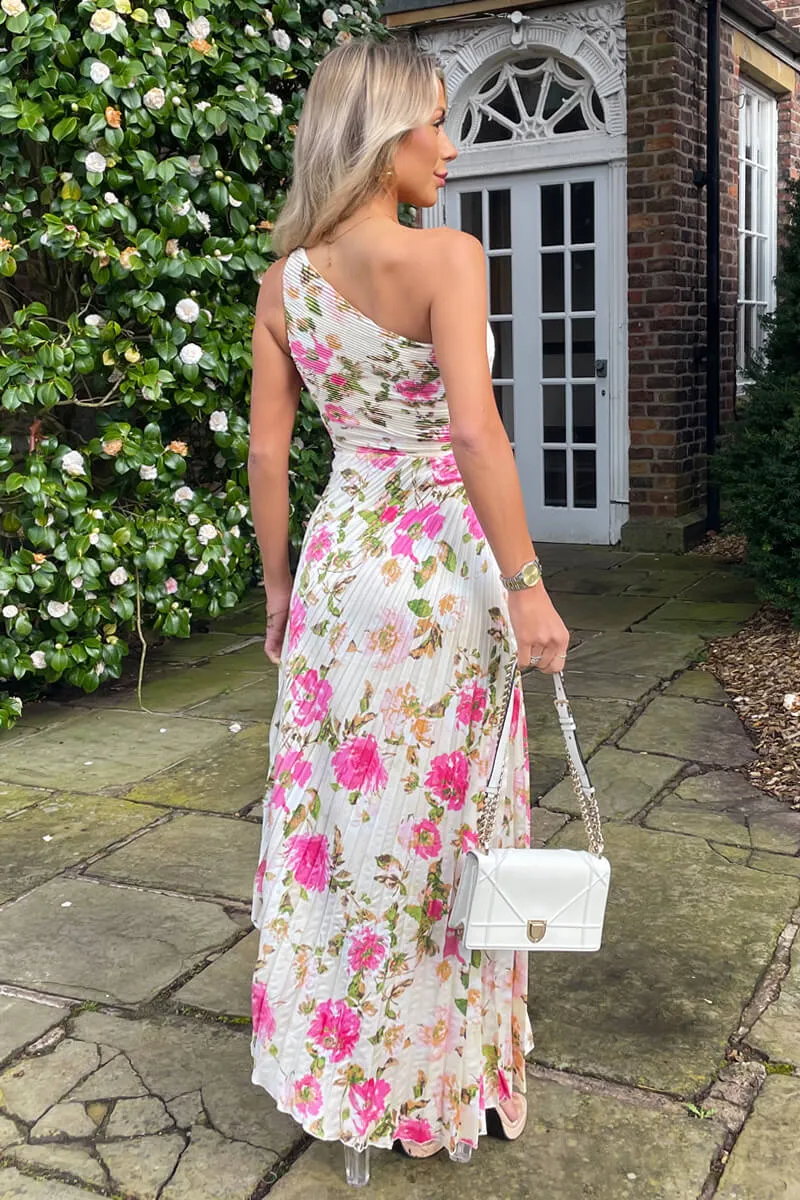 Cream and Pink Floral Print One Shoulder Pleated Satin Midi Dress sold by AX Paris product image thumbnail 5