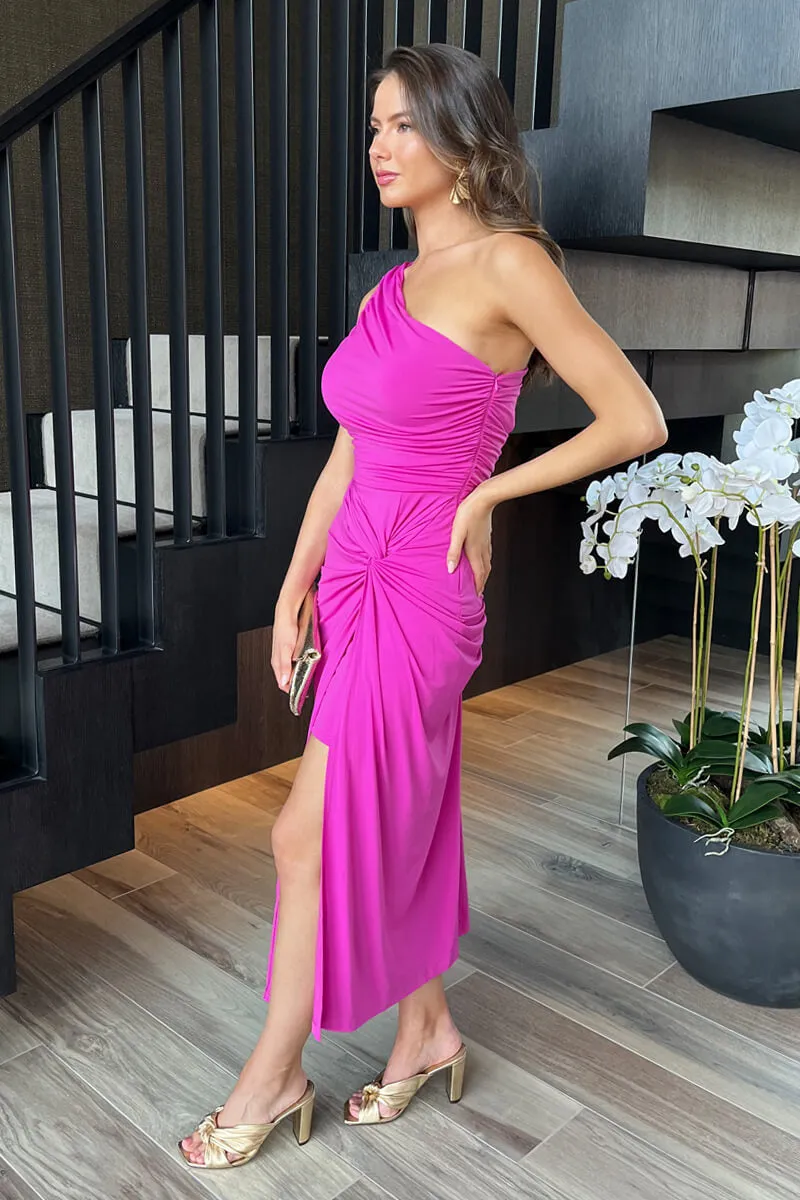 Hot Pink One Shoulder Knot Skirt Midi Dress sold by AX Paris product image thumbnail 4