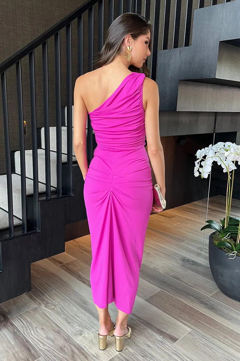Hot Pink One Shoulder Knot Skirt Midi Dress sold by AX Paris product image thumbnail 5