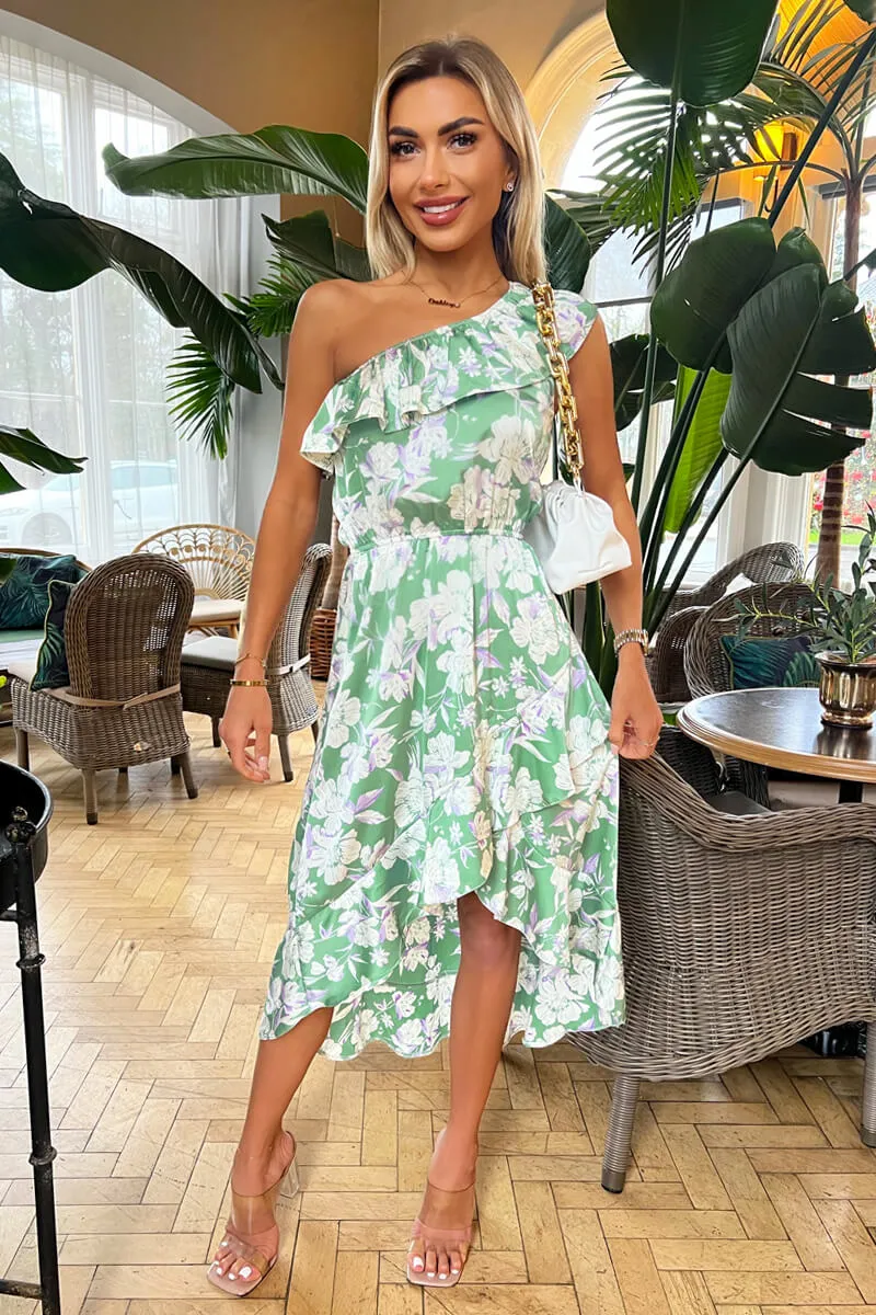 Green Floral Printed One Shoulder Frill Detail Dipped Hem Dress sold by AX Paris