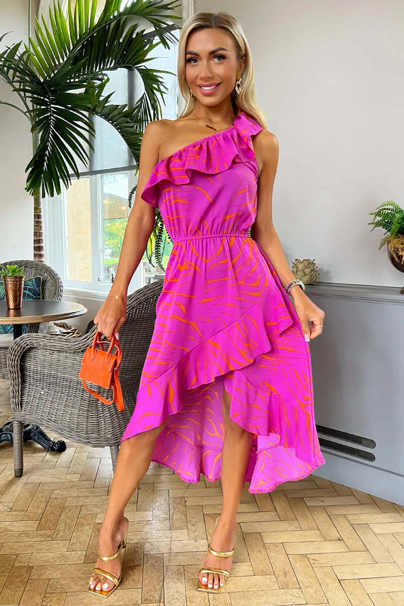 Hot Pink Printed One Shoulder Frill Detail Dipped Hem Dress sold by AX Paris