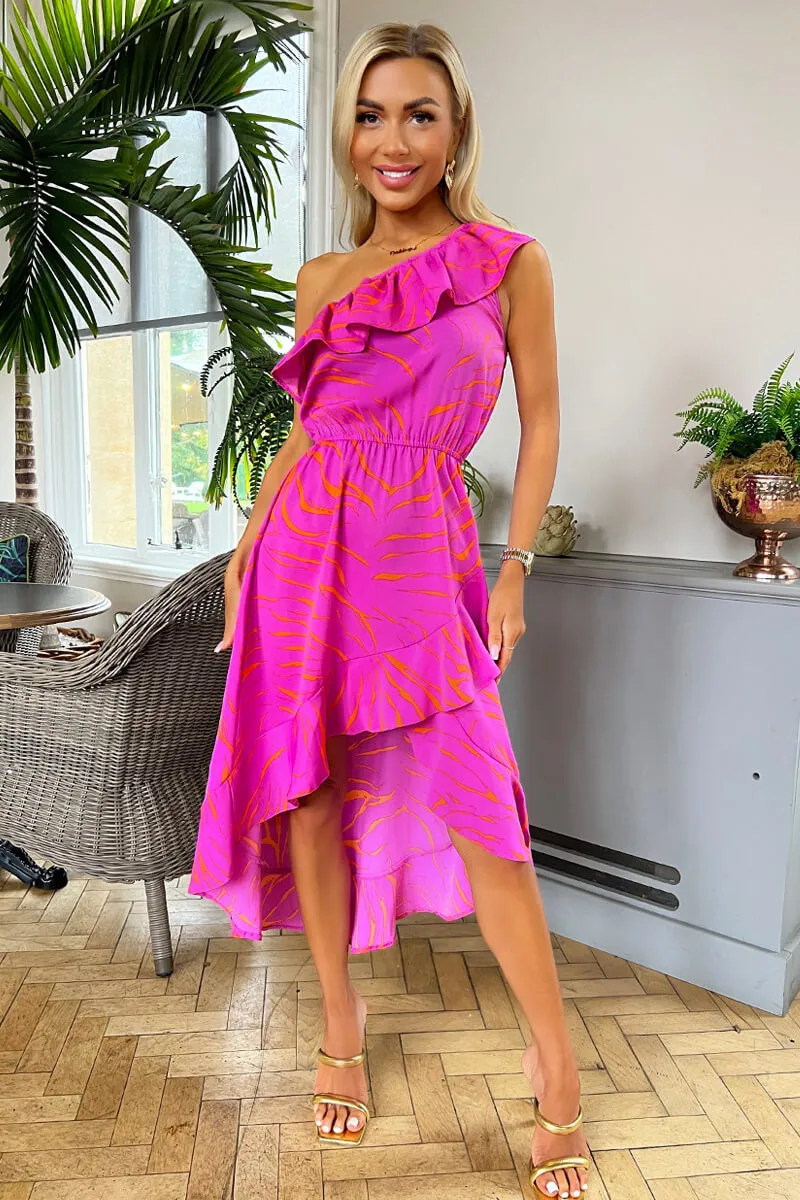 Hot Pink Printed One Shoulder Frill Detail Dipped Hem Dress sold by AX Paris product image thumbnail 2