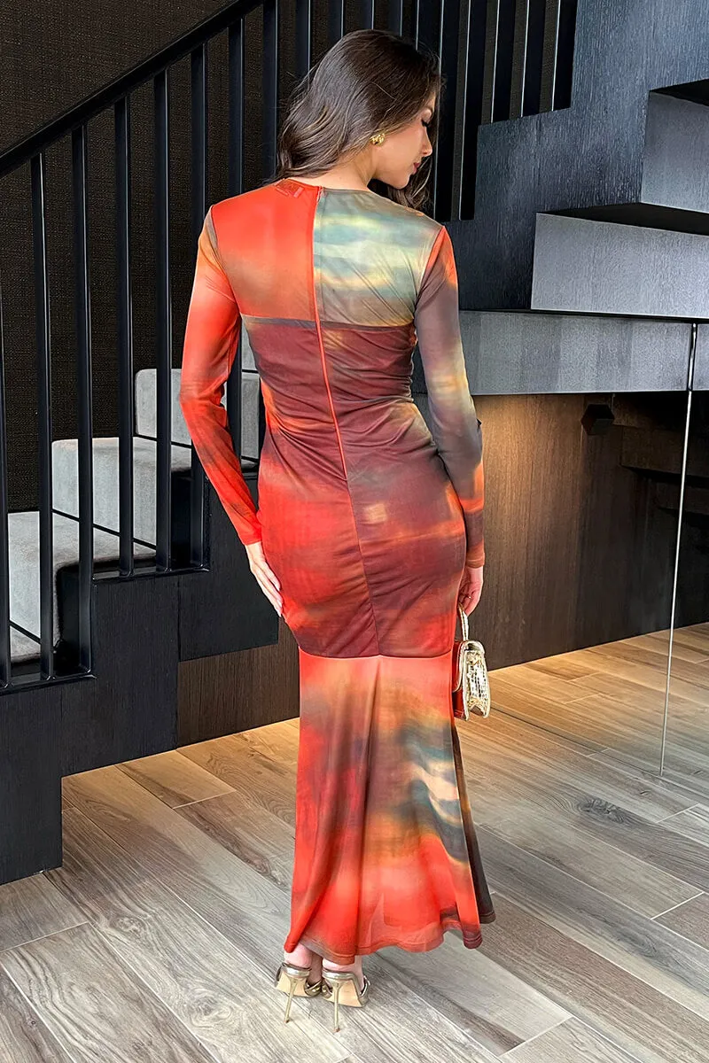 Orange Ombre Mesh Contrast Ruched Front Bodycon Midi Dress sold by AX Paris product image thumbnail 5