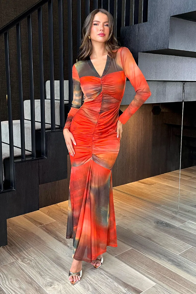 Orange Ombre Mesh Contrast Ruched Front Bodycon Midi Dress sold by AX Paris product image thumbnail 2