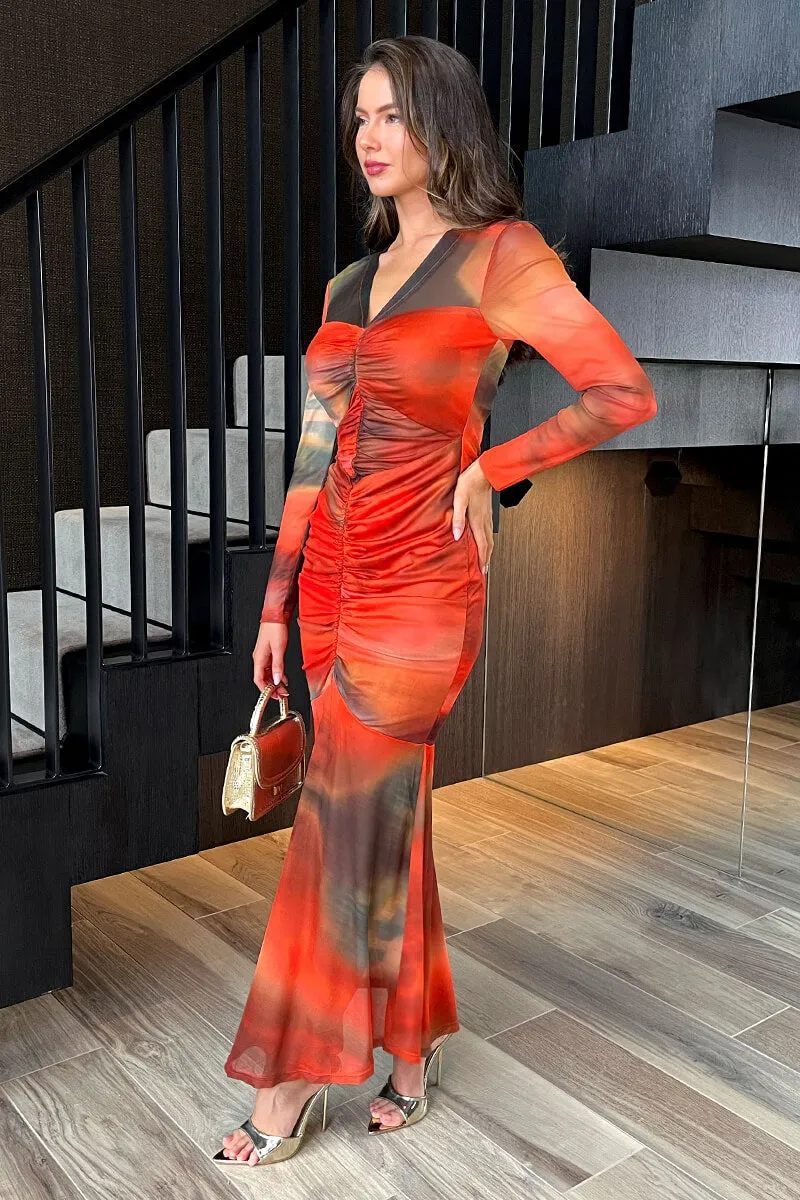 Orange Ombre Mesh Contrast Ruched Front Bodycon Midi Dress sold by AX Paris product image thumbnail 4