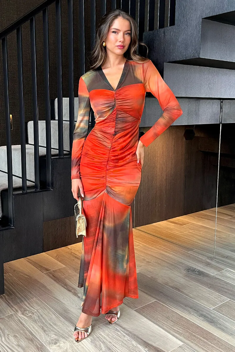 Orange Ombre Mesh Contrast Ruched Front Bodycon Midi Dress sold by AX Paris