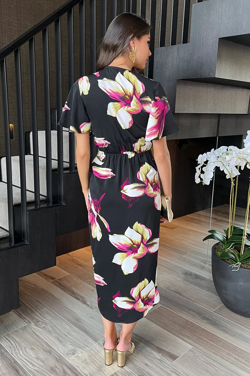 Black Floral Print Short Sleeve Ring Detail Wrap Midi Dress sold by AX Paris product image thumbnail 5