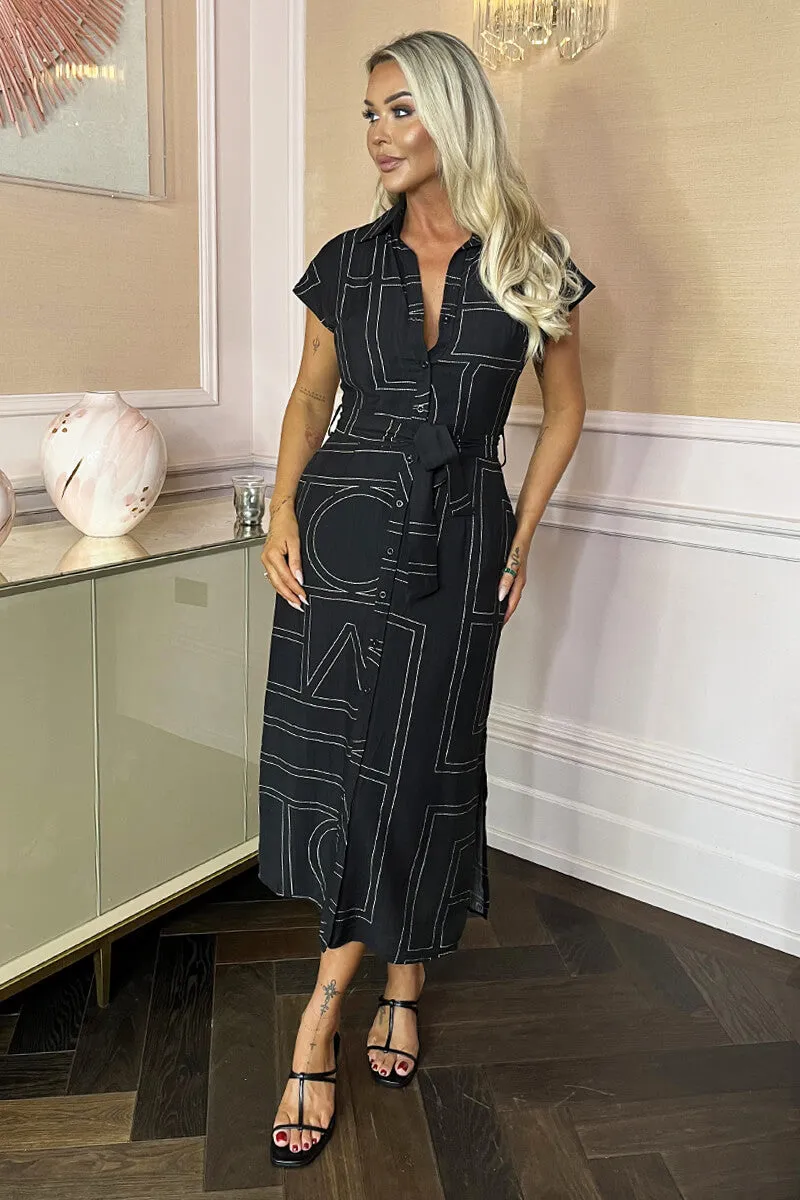 Black Geometric Print Tie Waist Shirt Midi Dress sold by AX Paris product image thumbnail 2