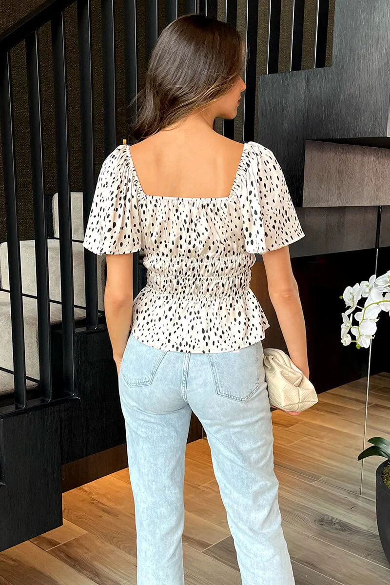 Cream And Black Spot Printed Flutter Sleeve Shirred Waist Top sold by AX Paris product image thumbnail 5