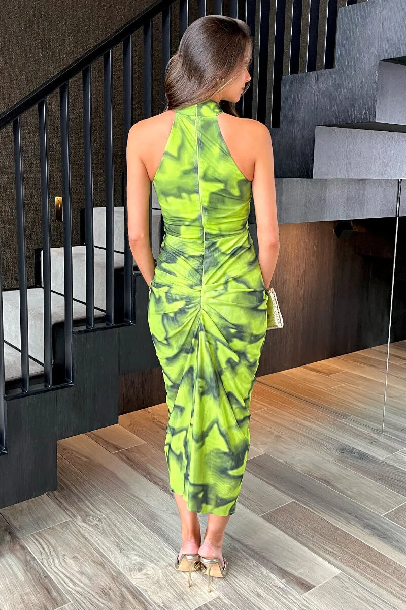Lime Tie Dye Print Halter Neck Knot Skirt Mesh Midi Dress sold by AX Paris product image thumbnail 5
