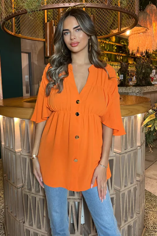 Orange Button Up Ruched Detail Smock V-Neck Top sold by AX Paris