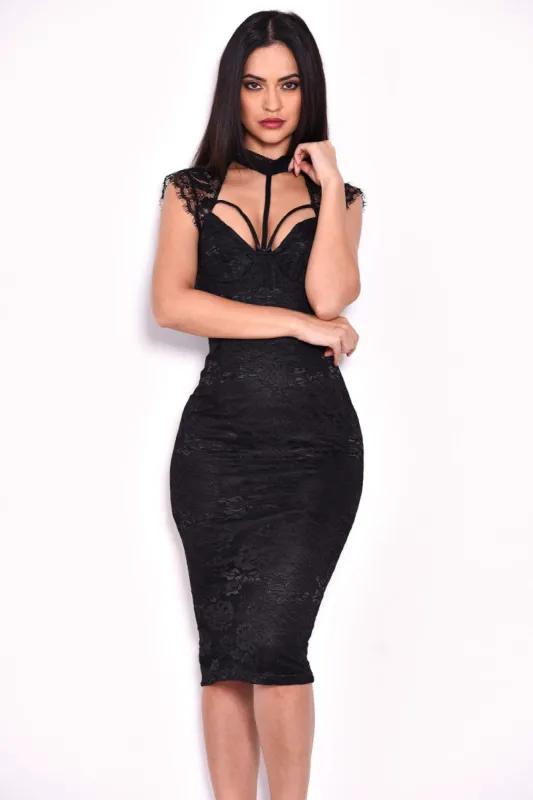 Black Lace Harness Detailing Midi Dress sold by AX Paris