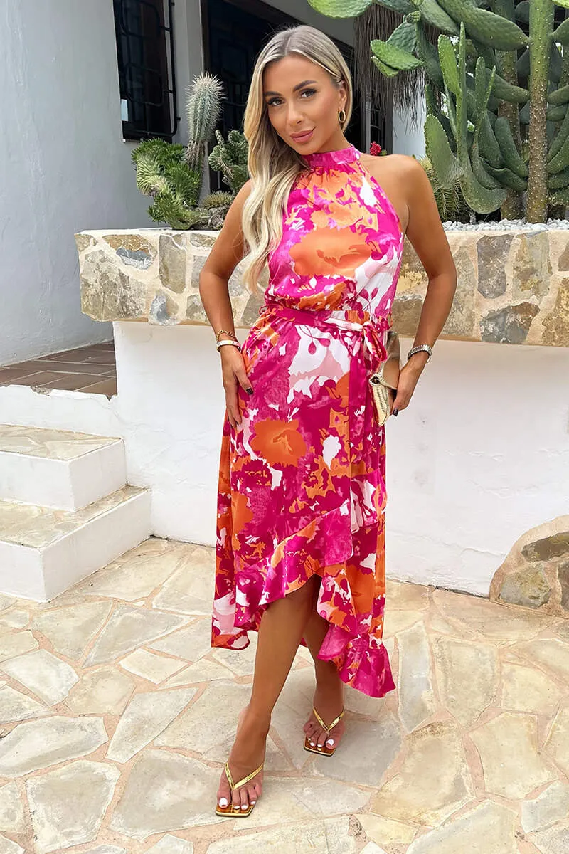 Pink And Peach Abstract Printed Halterneck Tie Waist Dipped Hem Midi Dress sold by AX Paris product image thumbnail 3