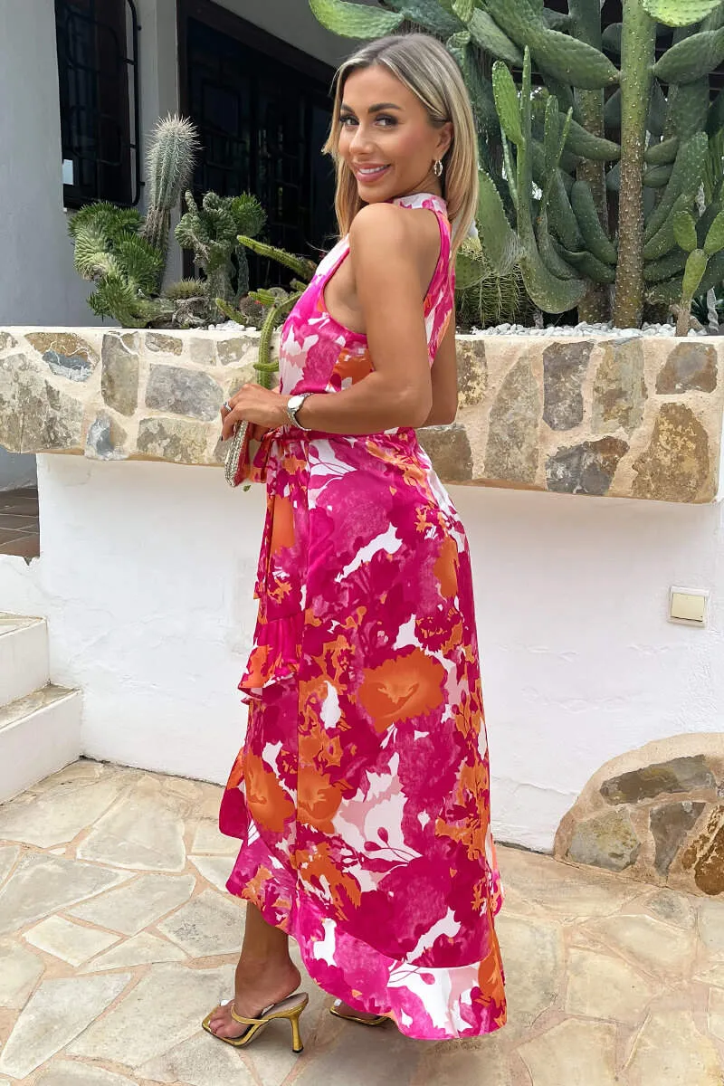 Pink And Peach Abstract Printed Halterneck Tie Waist Dipped Hem Midi Dress sold by AX Paris product image thumbnail 4