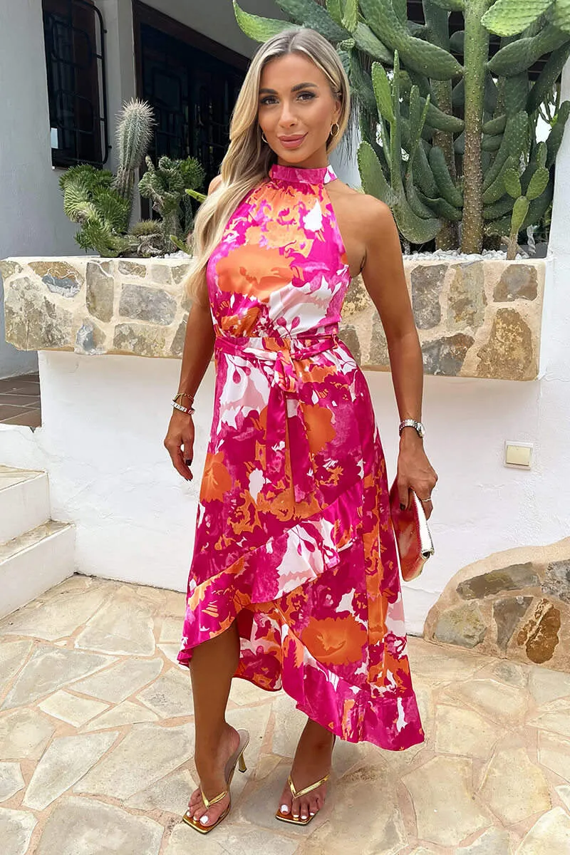 Pink And Peach Abstract Printed Halterneck Tie Waist Dipped Hem Midi Dress sold by AX Paris