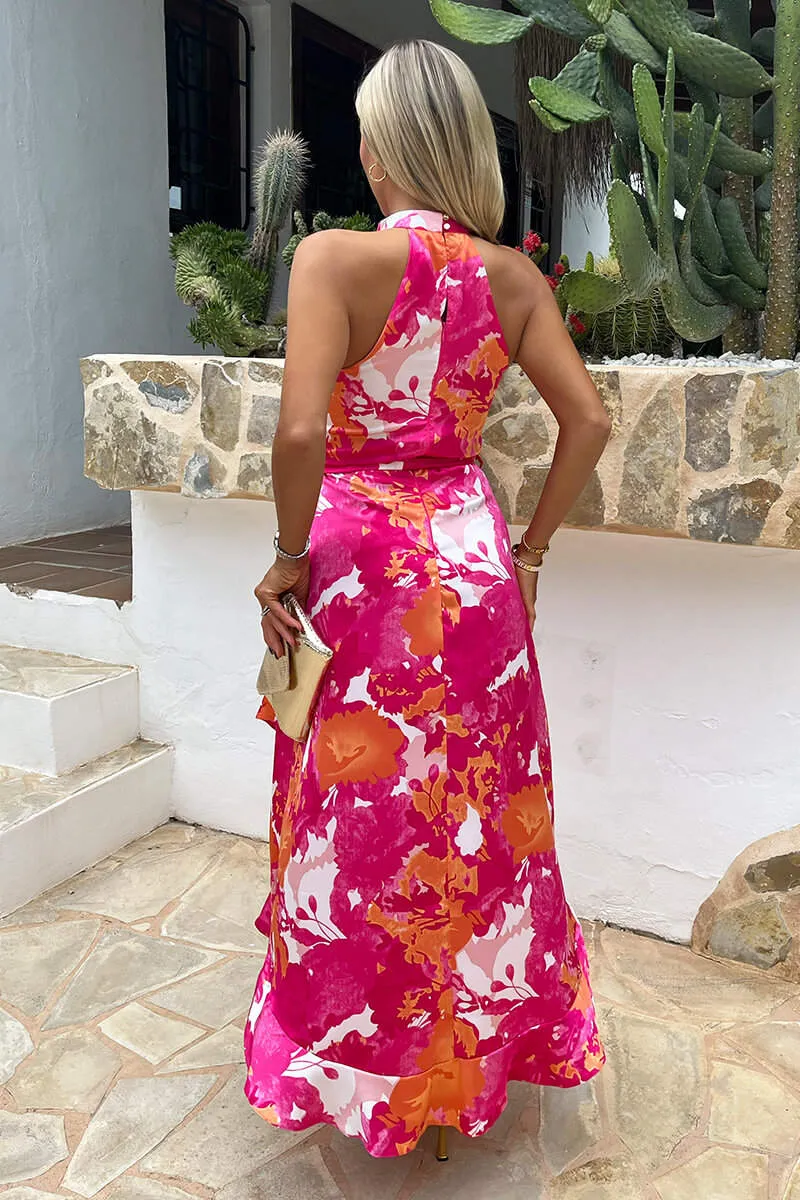 Pink And Peach Abstract Printed Halterneck Tie Waist Dipped Hem Midi Dress sold by AX Paris product image thumbnail 5