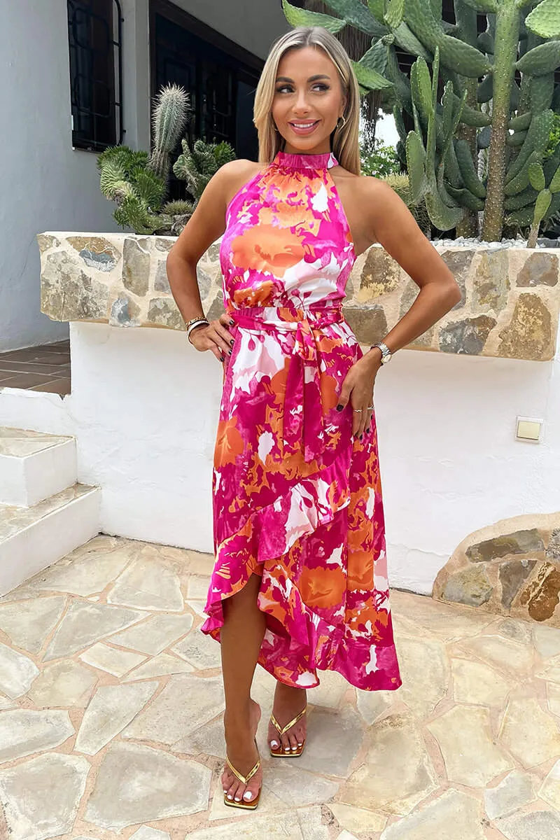Pink And Peach Abstract Printed Halterneck Tie Waist Dipped Hem Midi Dress sold by AX Paris product image thumbnail 2