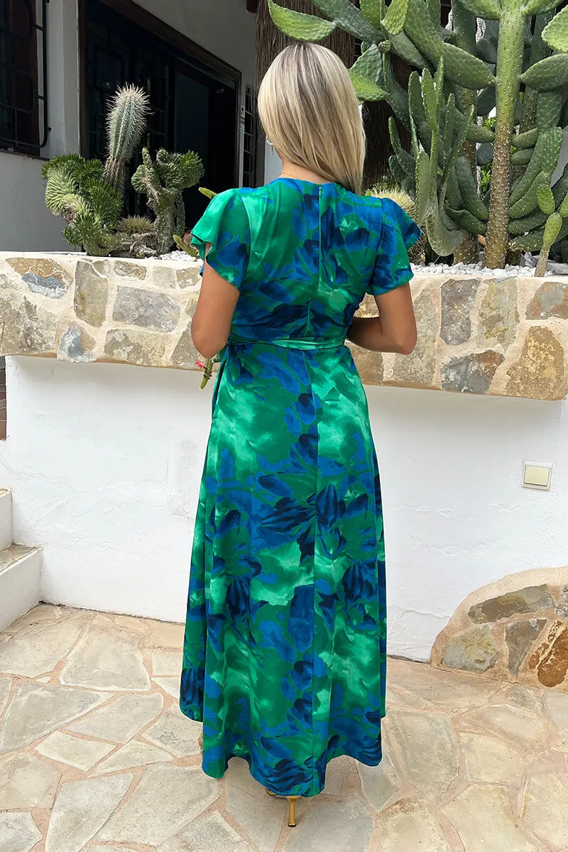 Green And Blue Abstract Print Short Sleeve Belted Wrap Midi Dress sold by AX Paris product image thumbnail 5