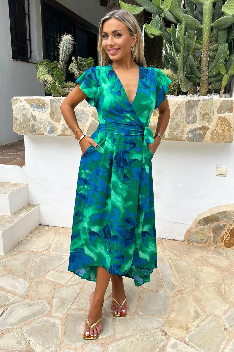Green And Blue Abstract Print Short Sleeve Belted Wrap Midi Dress sold by AX Paris product image thumbnail 2