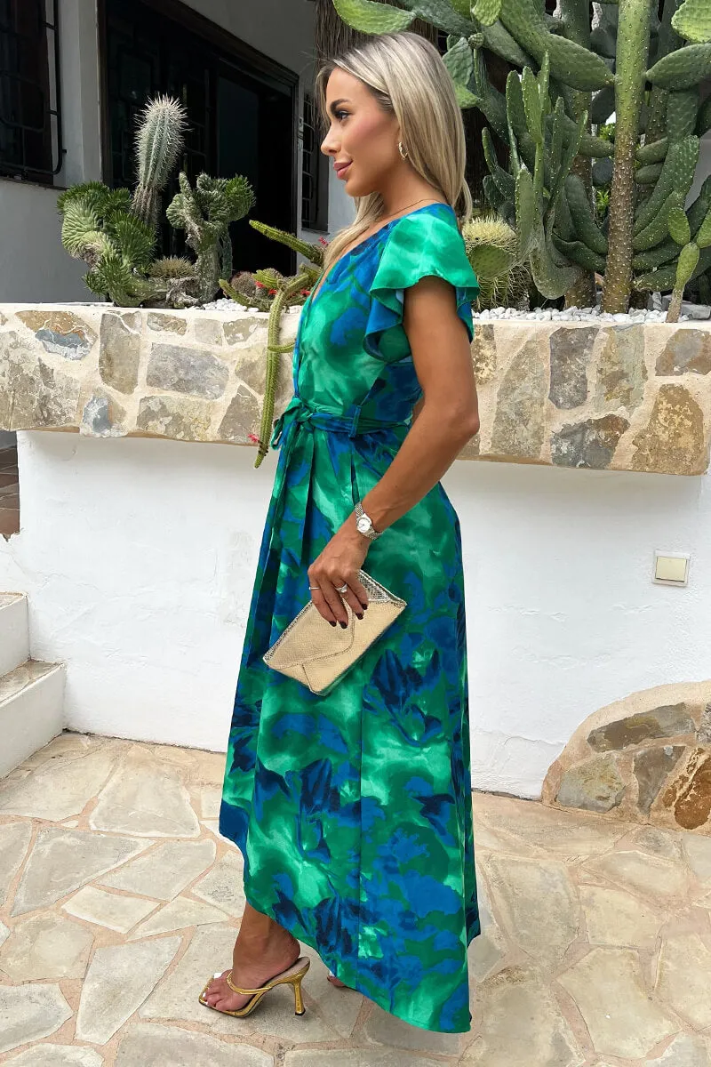 Green And Blue Abstract Print Short Sleeve Belted Wrap Midi Dress sold by AX Paris product image thumbnail 4