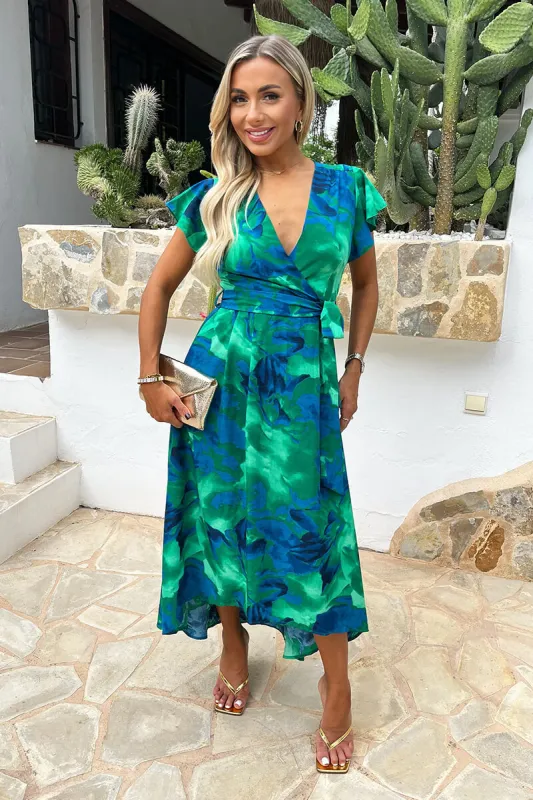 Green And Blue Abstract Print Short Sleeve Belted Wrap Midi Dress sold by AX Paris