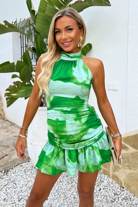 Green Tie Dye Print Halter Neck Ruched Mini Dress sold by AX Paris