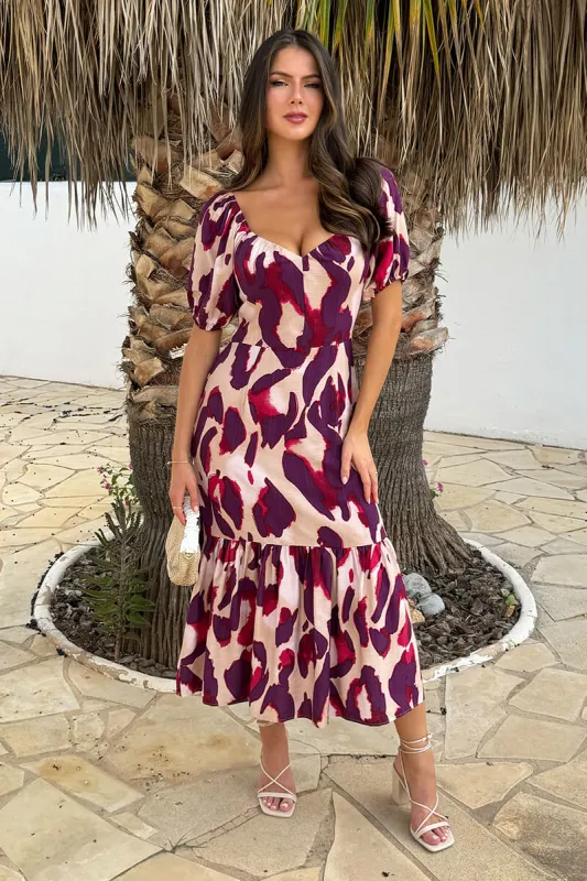 Purple And Cream Animal Print Puff Sleeve Smock Midi Dress sold by AX Paris