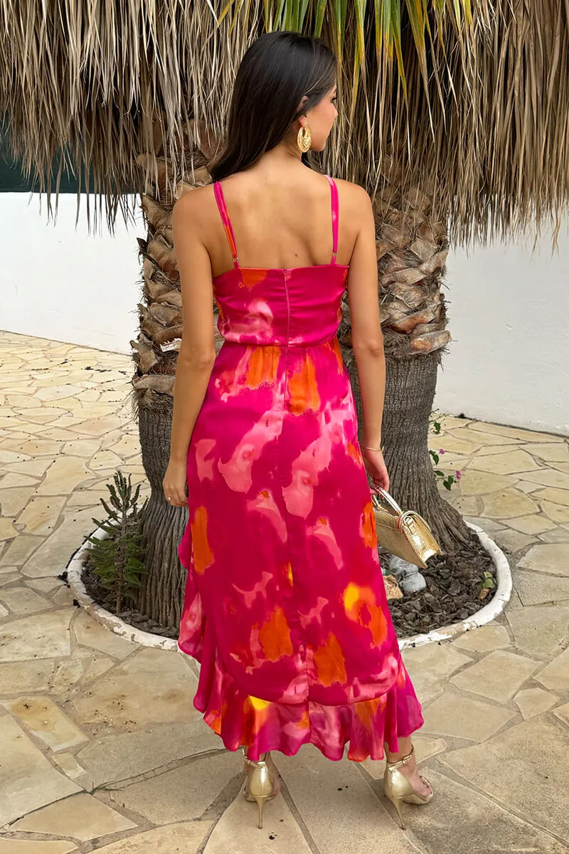 Pink Smudge Print Racer Neck High Low Frill Hem Midi Dress sold by AX Paris product image thumbnail 5