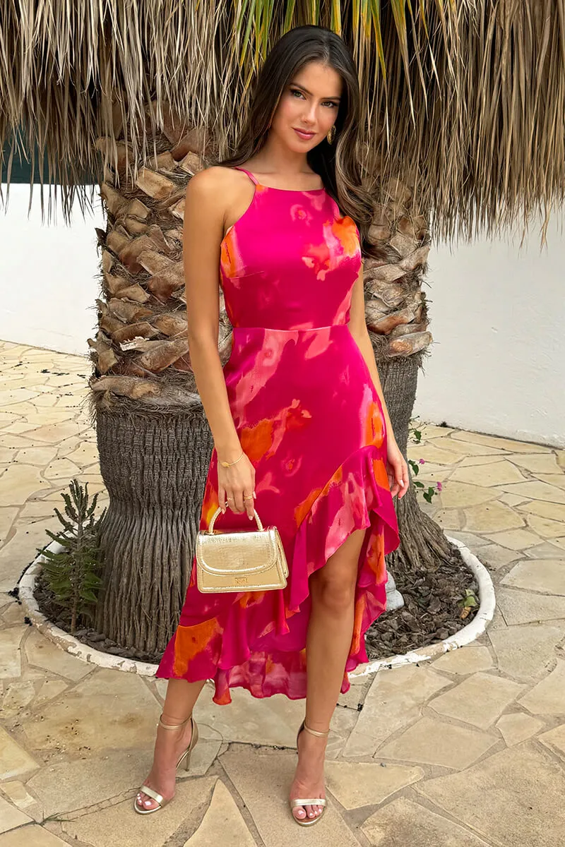 Pink Smudge Print Racer Neck High Low Frill Hem Midi Dress sold by AX Paris product image thumbnail 2