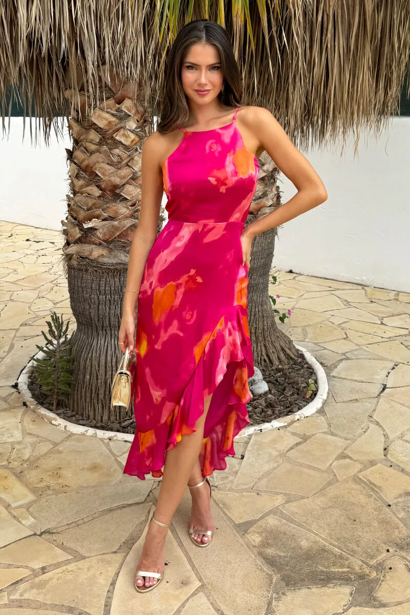 Pink Smudge Print Racer Neck High Low Frill Hem Midi Dress sold by AX Paris product image thumbnail 3