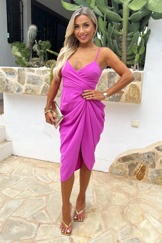 Hot Pink Strappy Wrap Top Gathered Skirt Midi Dress sold by AX Paris