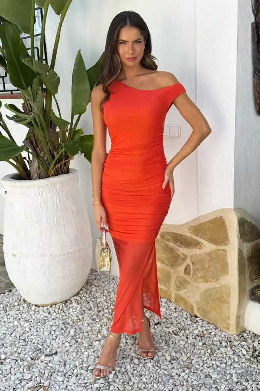 Orange Mesh Overlay Off The Shoulder Ruched Bodycon Midi Dress sold by AX Paris