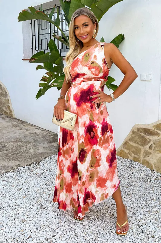 Peach Smudge Print One Shoulder Cut Out Pleated Midi Dress sold by AX Paris