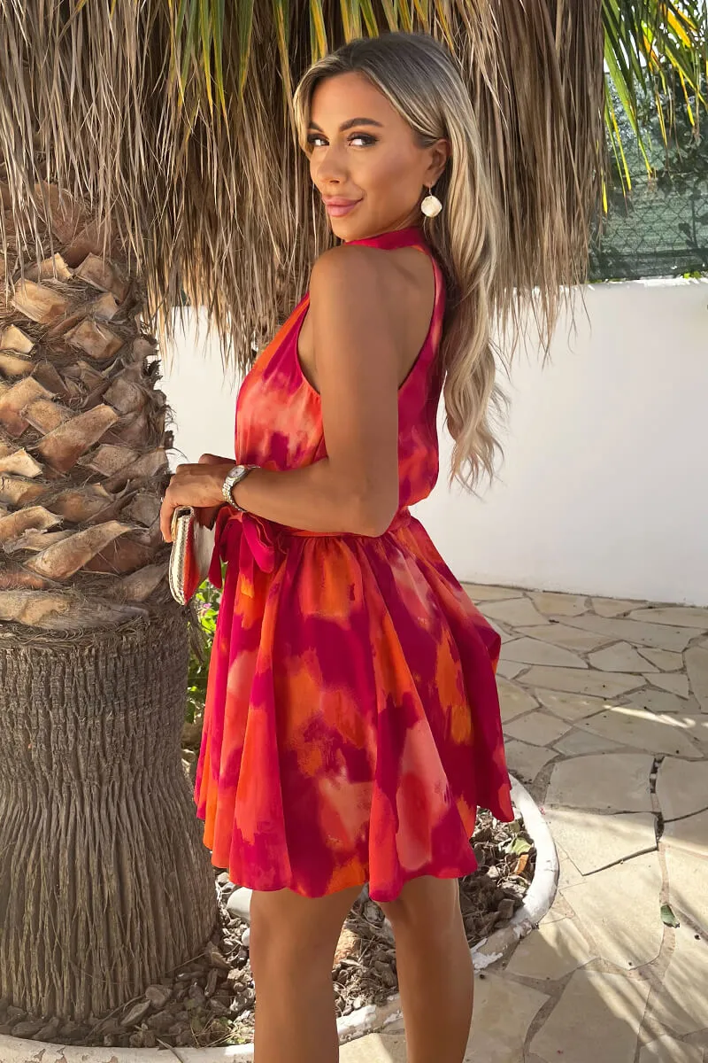Pink And Orange Smudge Print Halterneck Tie Waist Mini Dress sold by AX Paris product image thumbnail 4